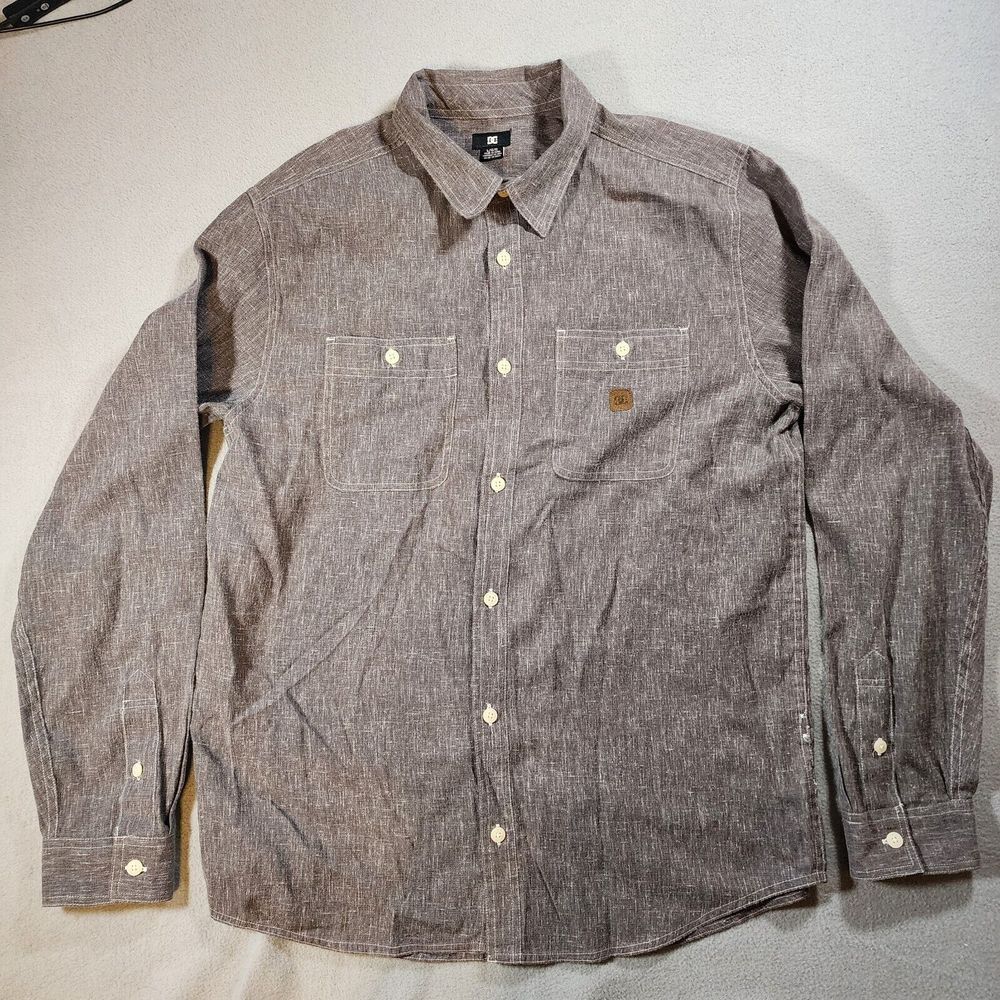 DC Shoes Button Shirt Large Long Sleeve Pocket Logo Modern Gray‎ Grey Heathered